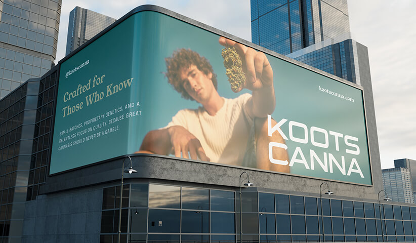 Large outdoor cannabis advertising campaign displayed on a city billboard with branded messaging and product photography.