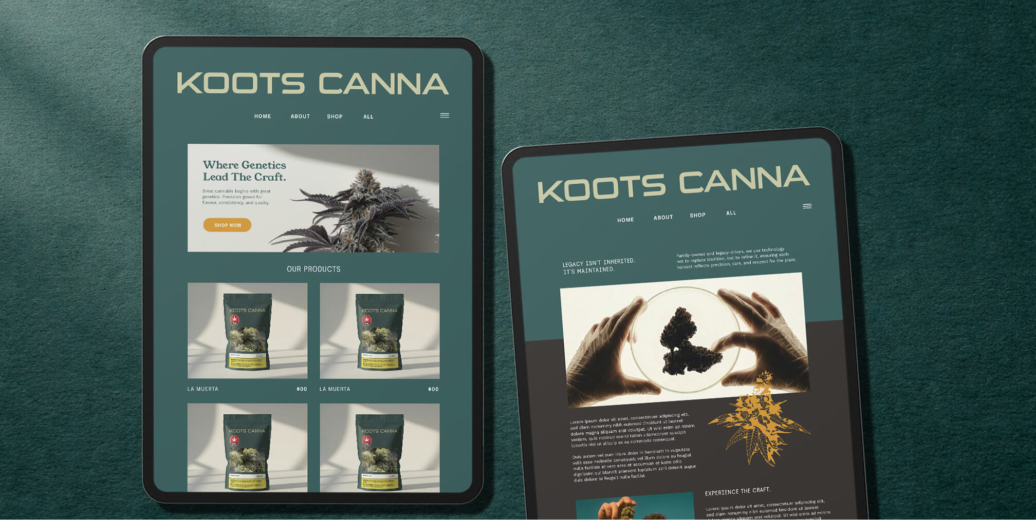 Responsive cannabis ecommerce website designs displayed across two tablets, showcasing product pages and consistent digital branding.