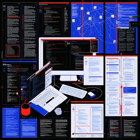 Developer workspace surrounded by code windows, documentation, and technical interfaces, illustrating a complex software development environment.