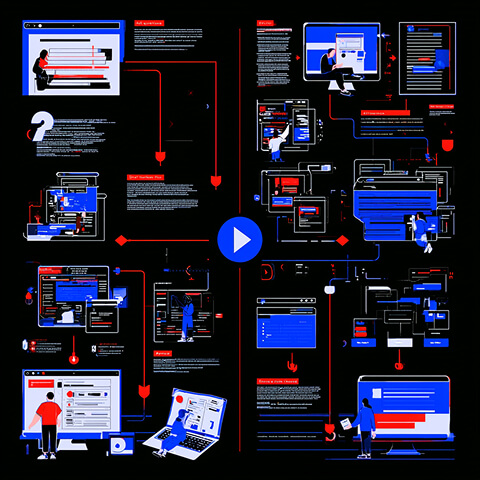 Detailed AI development workflow mapping research, coding, interfaces, and implementation steps through a connected visual system.