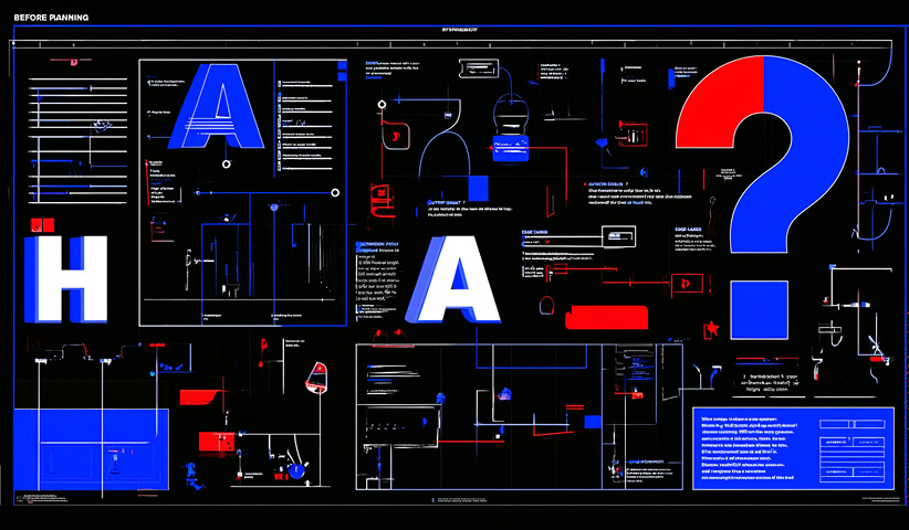 Technical planning board combining diagrams, interface elements, notes, and question marks to represent the software planning process.