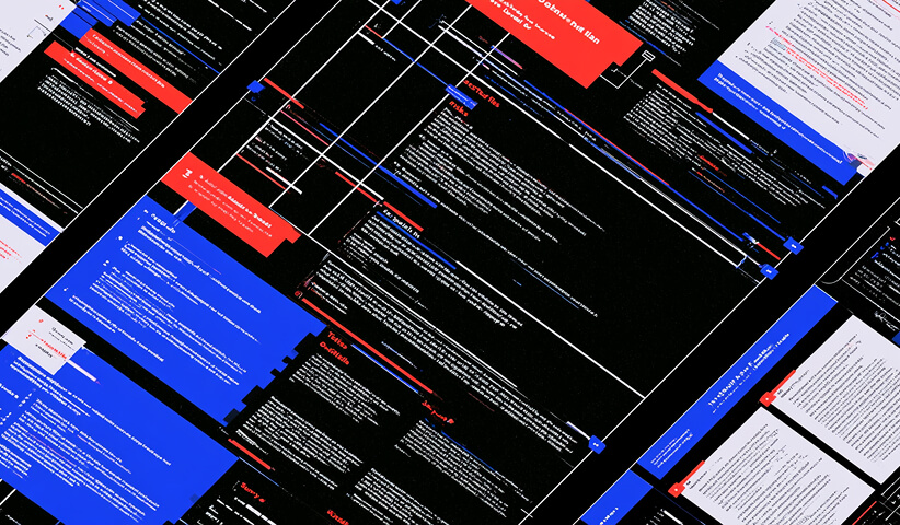 Layered technical documentation and code panels arranged as an interconnected development blueprint.