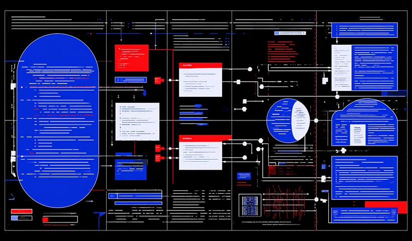 Structured software planning diagram connecting code, documentation, interfaces, and technical workflows across a detailed visual system.