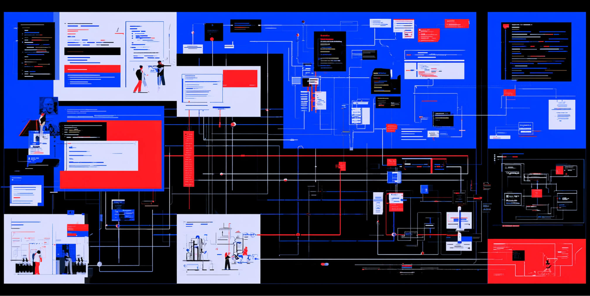Expansive AI development ecosystem connecting code editors, documentation, interfaces, and workflow components across a complex digital network.