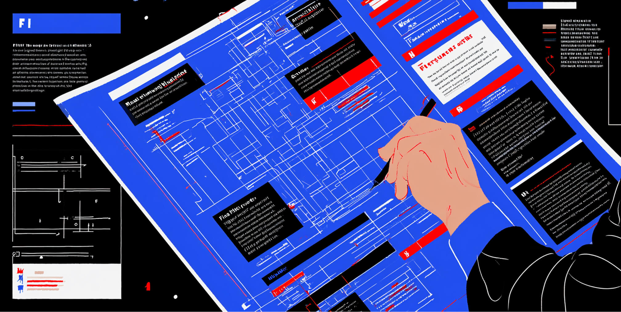 Hand annotating a detailed digital blueprint filled with technical diagrams, documentation, and interface elements, representing planning before coding.