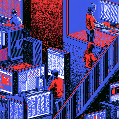 Busy digital research environment with multiple people, workstations, databases, and screens representing large-scale content analysis and outreach.