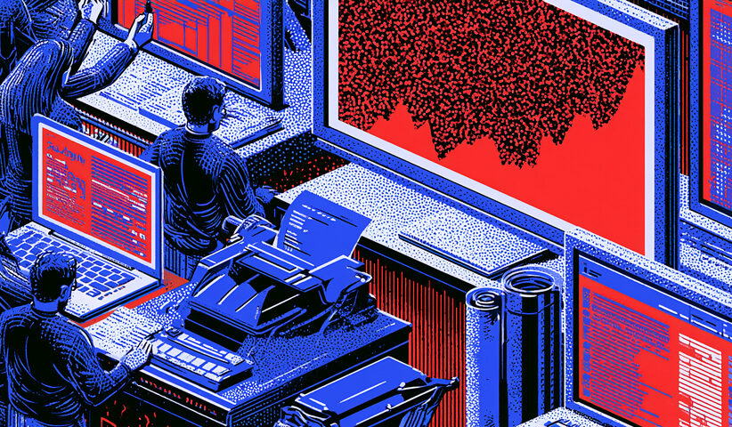 Editorial and digital workstations combining computers, documents, and publishing equipment, representing the connection between content creation and authority building.
