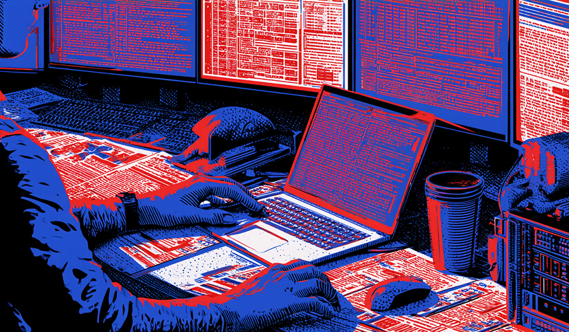 Research-heavy workstation filled with laptops, monitors, reports, and data, illustrating detailed analysis used to identify valuable link opportunities.