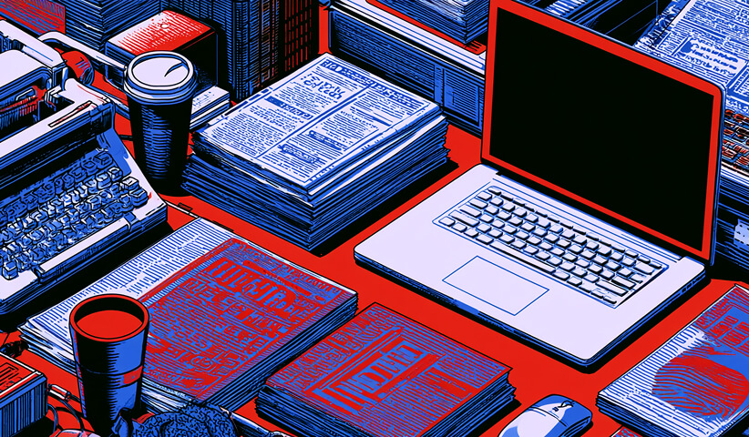 Laptop surrounded by newspapers, reports, books, and publishing tools, representing authoritative editorial sources and digital PR research.