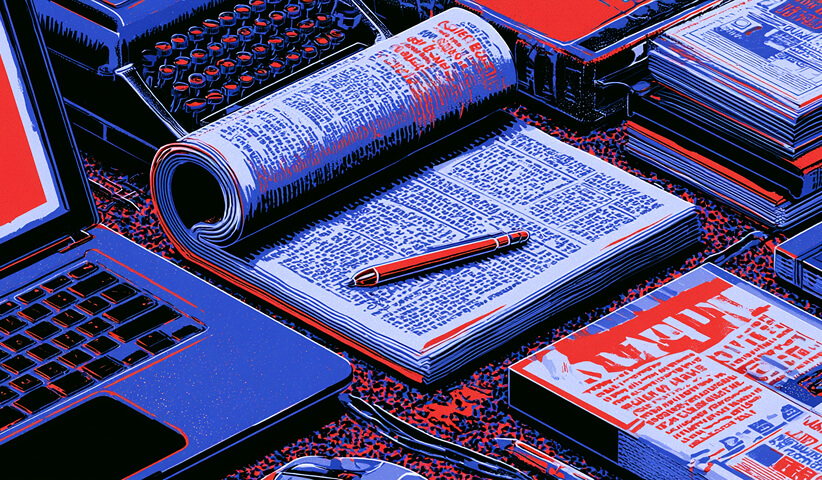 Open publication surrounded by research materials and digital tools, representing editorial credibility and content worthy of authoritative backlinks.