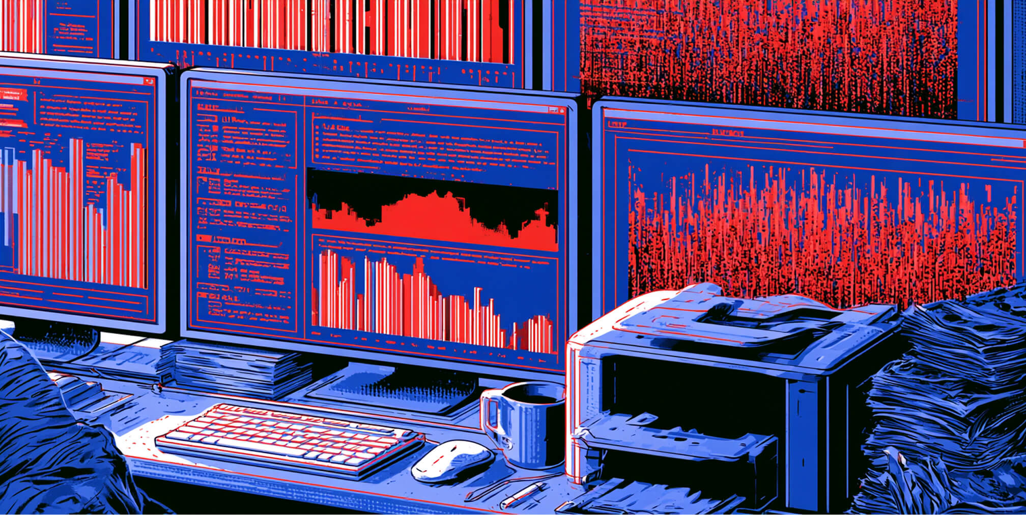 Data-focused workstation with analytics dashboards, documents, and publishing equipment, representing the measurement and monitoring of backlink performance.