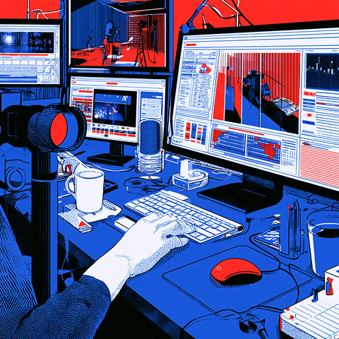 Designer working at a multi-monitor editing station with professional production equipment, representing specialized digital and creative services.