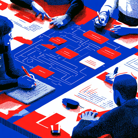 Team collaborating around a large workflow diagram, illustrating creative strategy, project planning, and coordinated execution.