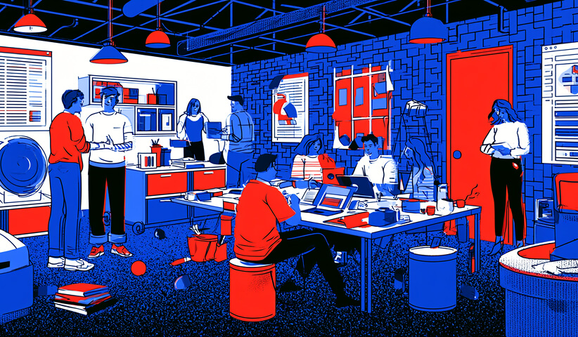 Busy collaborative design studio with multiple creatives working together, representing a flexible, team-based creative service.