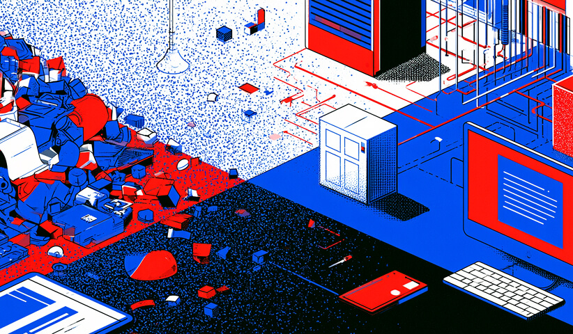 Workspace transitioning from scattered materials into an organized digital environment, symbolizing streamlined creative processes and workflow efficiency.