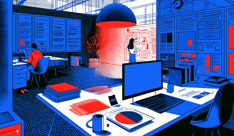 Structured agency workspace with computers, documents, and planning boards, representing organized project management and ongoing creative production.