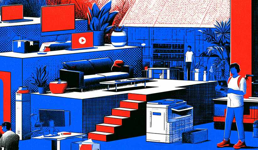 Multi-level creative workspace with digital devices, production equipment, and team members, illustrating the range of resources available through a creative partner.