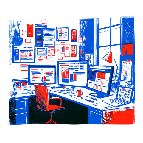 Design studio filled with screens displaying websites and digital layouts, representing UX/UI design, web design, and digital brand execution.