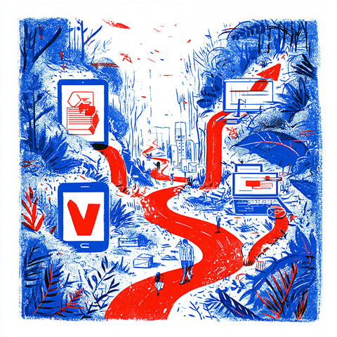 Winding path connecting digital screens through a landscape, symbolizing the different strategic paths agencies can take to build and grow a brand.