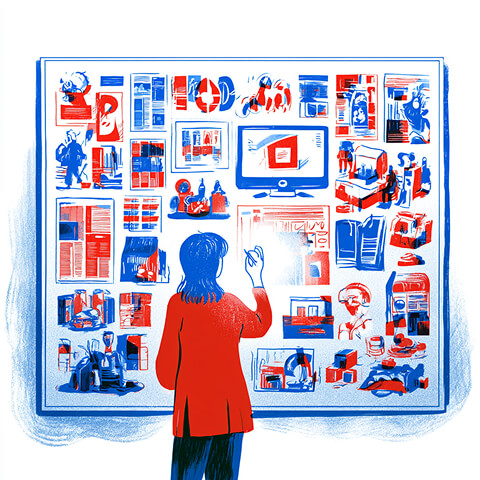 Creative professional reviewing a large collection of brand visuals and campaign concepts, representing portfolio evaluation and creative capabilities.