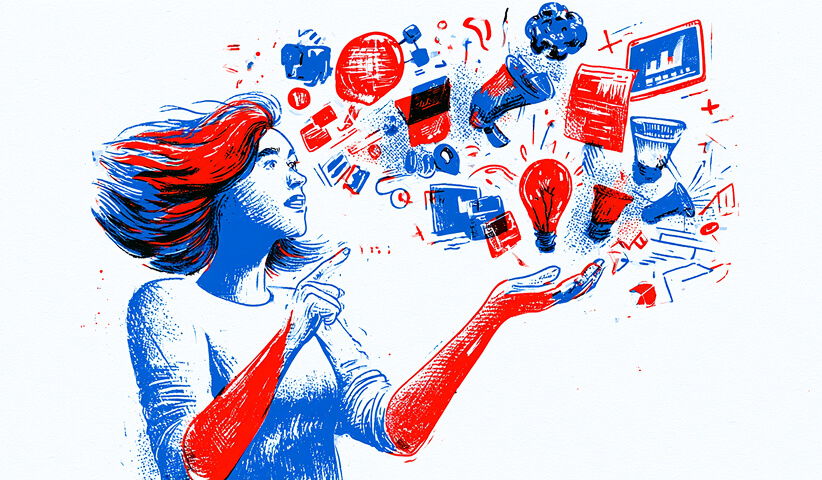 Creative professional surrounded by floating marketing and design symbols, illustrating the combination of ideas, communication, strategy, and creative services.