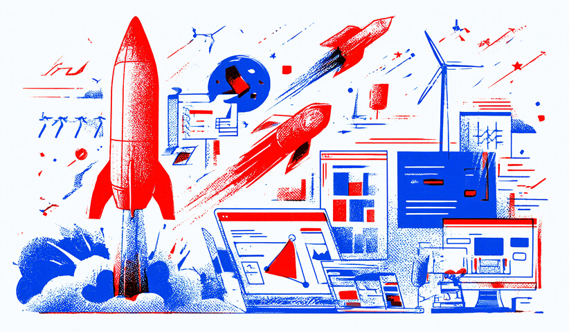 Rockets launching alongside digital interfaces and technology, representing ambitious brand growth, innovation, and scalable digital experiences.