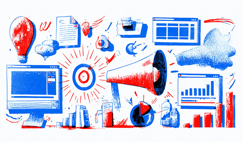 Marketing megaphone surrounded by targets, analytics, digital screens, and communication symbols, representing strategy designed to generate measurable business results.