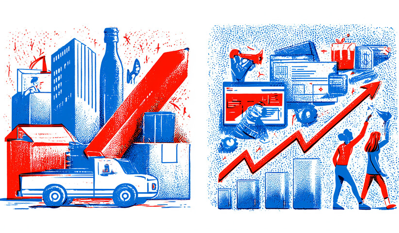 Side-by-side illustration of physical products and rising digital analytics, representing the connection between brand development, commercial execution, and business growth.