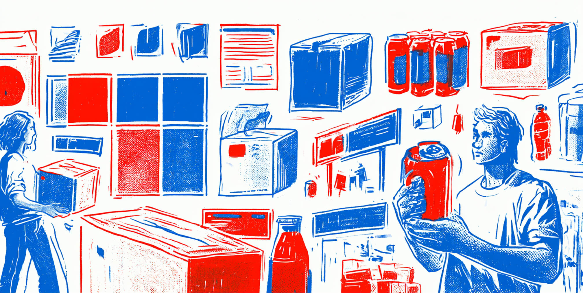 Packaging concepts, products, typography, and designers arranged across a creative workspace, representing the development of a cohesive visual identity across physical brand touchpoints.
