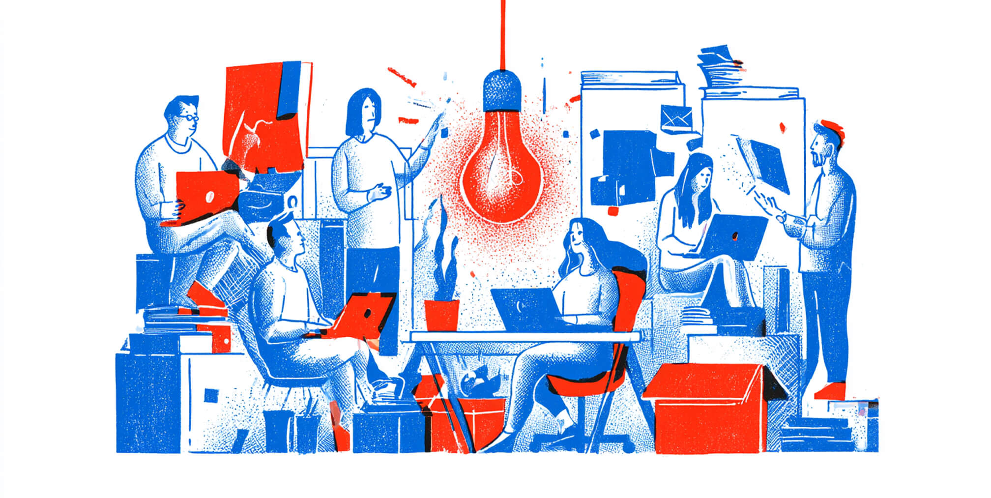 Creative team collaborating around a glowing light bulb, representing the strategy, ideas, and multidisciplinary expertise behind choosing the right branding agency.