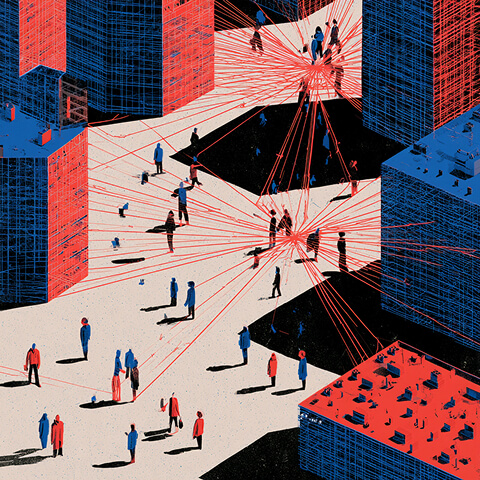 People moving between buildings while interconnected red lines converge around them, symbolizing the relationships between a company, its stakeholders, and the wider community.