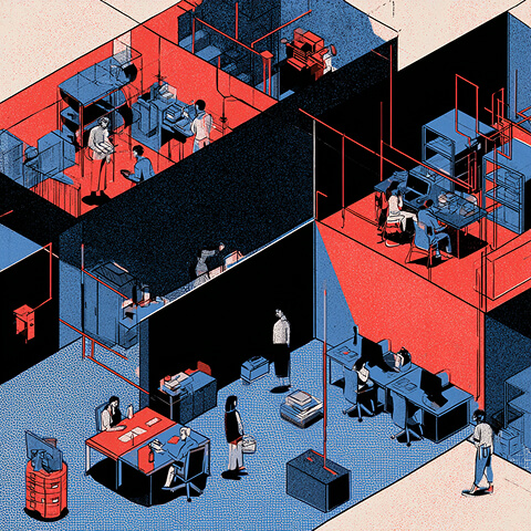 Isometric workplace divided into interconnected teams and work areas, representing how a shared purpose can align different departments across an organization.