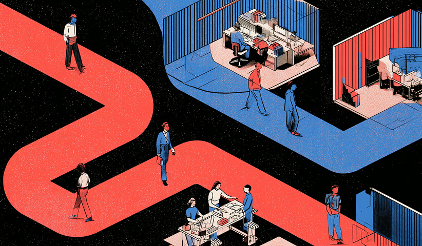Employees and workspaces connected by a continuous winding path, symbolizing a shared purpose guiding people across different roles and stages of the organization.