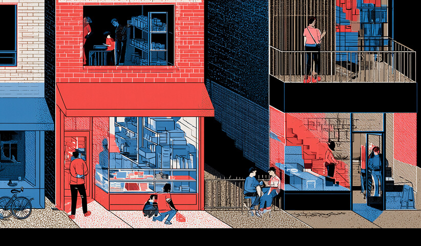 Mixed-use neighborhood with businesses, workplaces, and community spaces, representing the broader social impact a purpose-driven brand can have beyond its products or services.