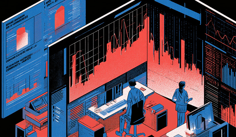 Large analytics dashboards monitored by a team, representing the measurement of brand awareness, engagement, performance, and the tangible impact of purpose-driven initiatives.