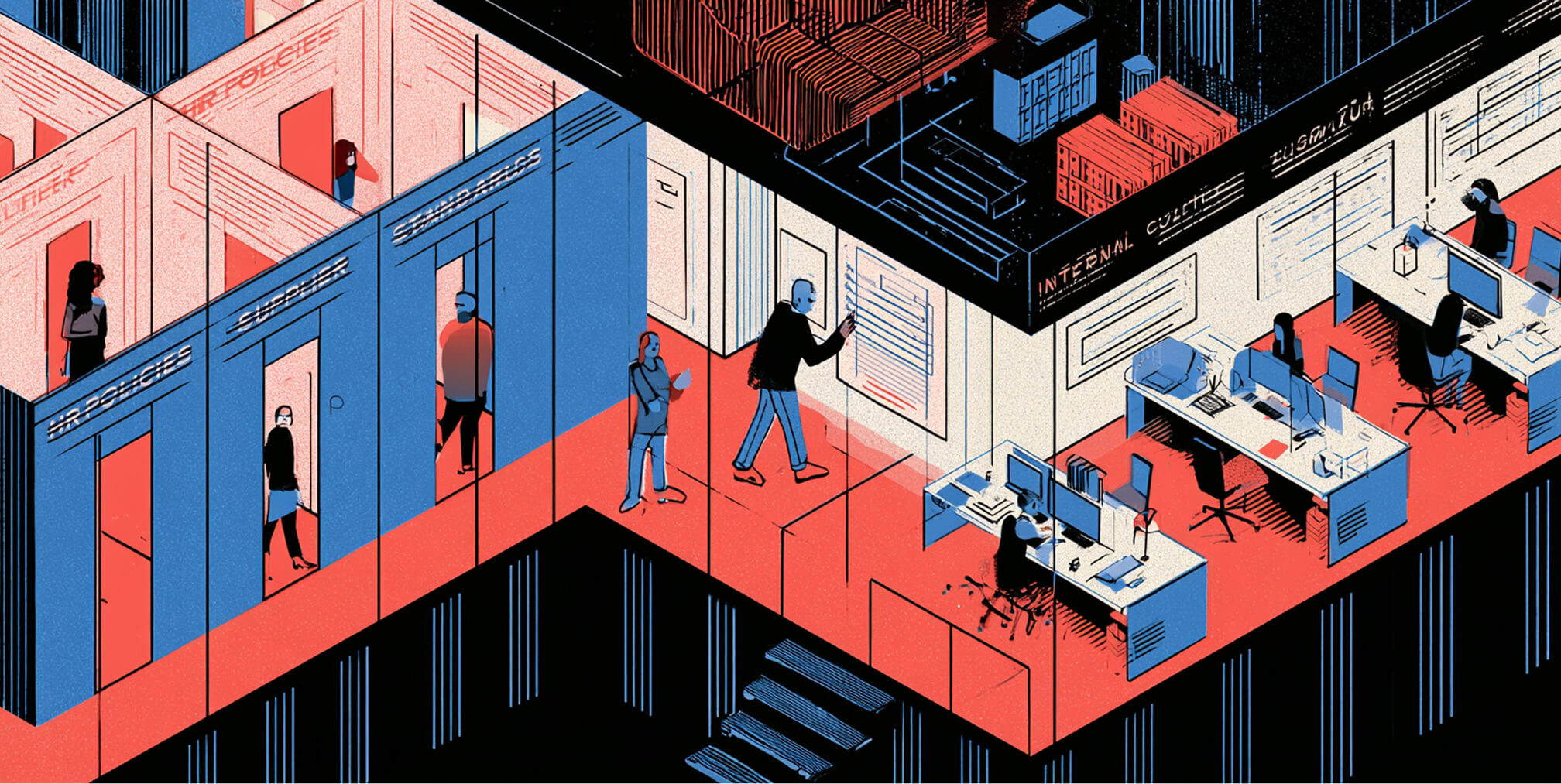 Isometric corporate workspace showing employees moving between departments and shared systems, representing the long-term integration of brand purpose into company culture, operations, and decision-making.