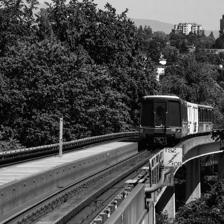 SkyTrain travelling along an elevated track through the tree-lined urban landscape of New Westminster.