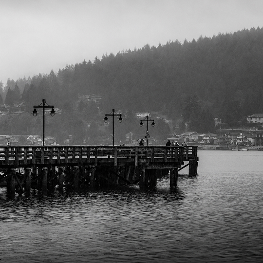 Port Moody waterfront pier extending into Burrard Inlet, surrounded by forested hills and hillside homes.
