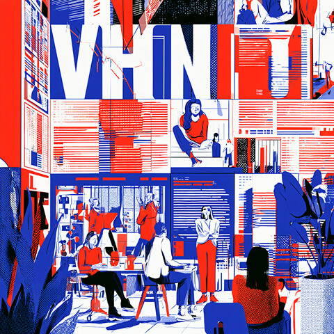 Layered editorial-style composition combining typography, layouts, meetings, and creative work, symbolizing how multiple brand elements must work together as one cohesive system.