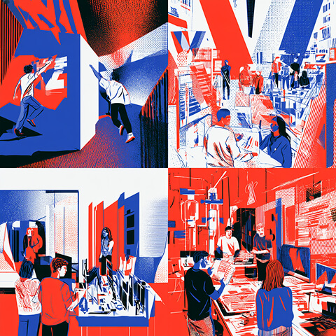 Collage of creative teams working across different environments and stages of production, representing the collaborative and multidisciplinary nature of brand building.