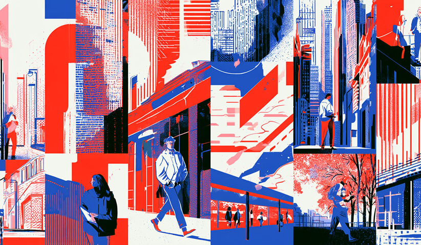 Urban environment layered with architecture, people, and bold graphic elements, representing how a strong brand extends beyond a logo and becomes recognizable across different real-world touchpoints.