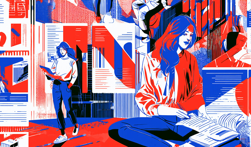 Woman surrounded by editorial layouts, graphic systems, and brand materials, illustrating how consistent visual communication helps shape how audiences experience and understand a brand.