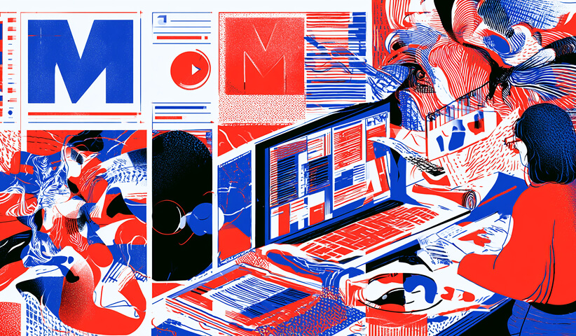 Designer developing digital brand assets on a laptop surrounded by visual references, representing the translation of brand identity into digital experiences and marketing materials.