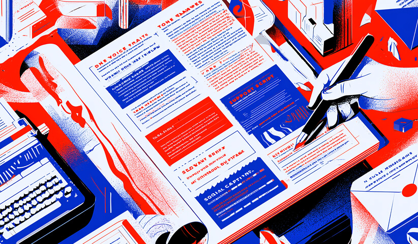 Open brand guidelines document displaying typography, layouts, messaging, and visual standards, representing the system used to maintain brand consistency across channels.