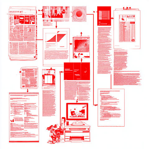 Connected documents, digital screens, and content blocks arranged as a workflow, illustrating how creative briefs move from strategy and information into finished deliverables.