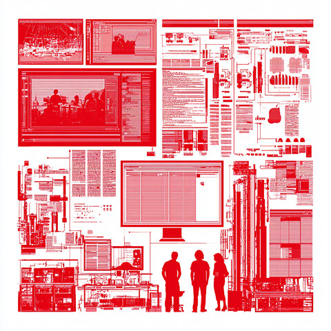 Digital production environment filled with screens, creative software, documents, and team members, representing high-volume creative production and collaborative design services.