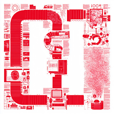 Complex production pipeline connecting documents, computers, and processing systems, illustrating how creative requests move through structured agency workflows.