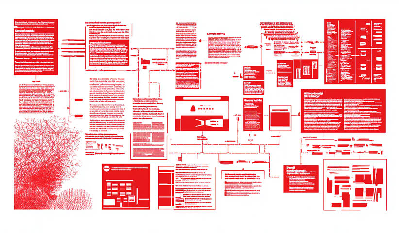 Network of connected documents, interfaces, and strategic content surrounding a central digital platform, representing an integrated approach to managing creative and brand work.