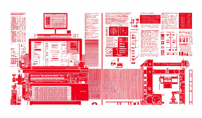 Large-scale production system combining computers, technical equipment, and information panels, illustrating the infrastructure required to produce creative work efficiently at scale.