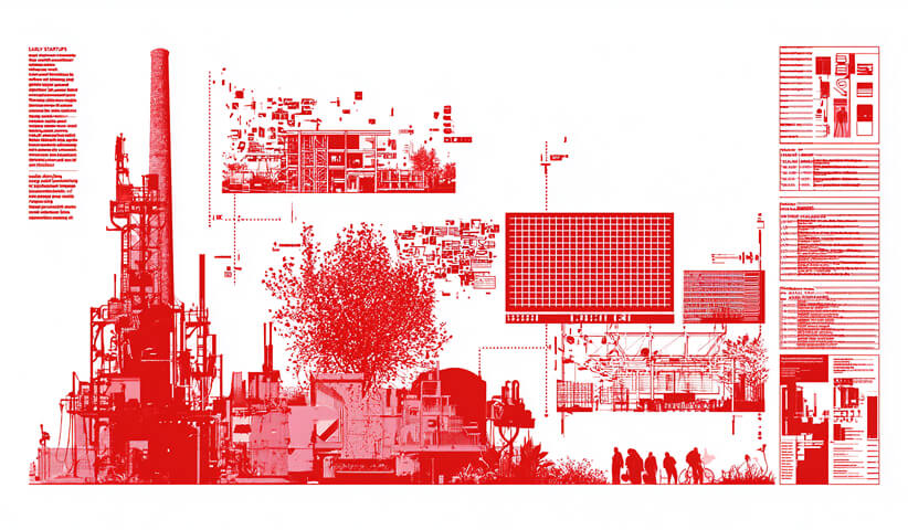 Industrial-style system connected to digital dashboards, data, and documentation, representing a structured, technology-supported approach to creative production.